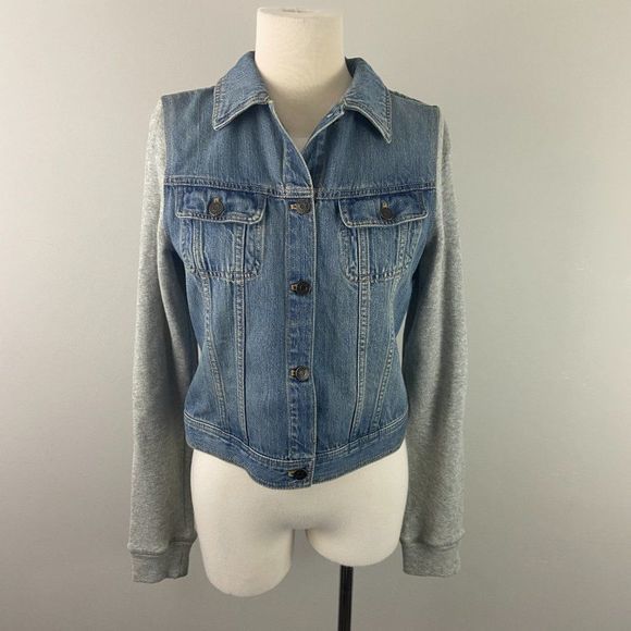 NWOT CHAPS Knit Sleeve Denim Jean Jacket - Picture 2 of 8